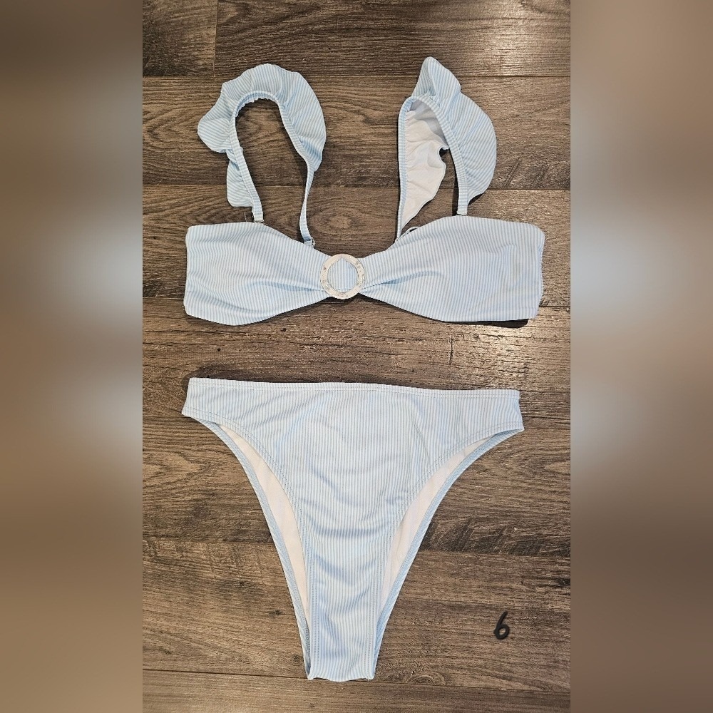 Women's sz L Blue Striped Ruffle Strap Bikini Set O Ring Swimsuit Beach‎ Summer